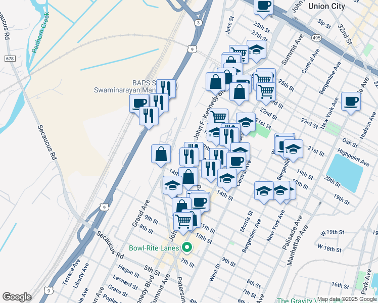 map of restaurants, bars, coffee shops, grocery stores, and more near 1625 John F. Kennedy Boulevard in North Bergen
