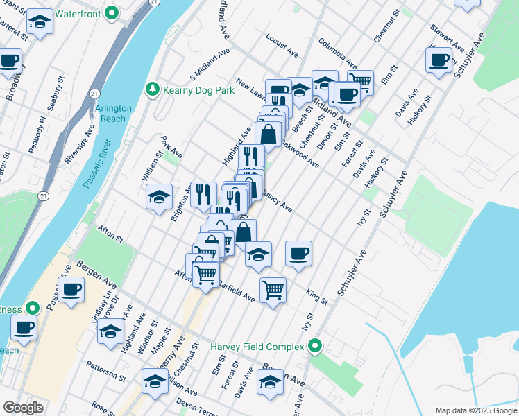 map of restaurants, bars, coffee shops, grocery stores, and more near 418 Chestnut Street in Kearny