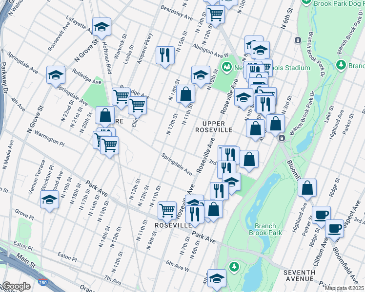 map of restaurants, bars, coffee shops, grocery stores, and more near 299 North 11th Street in Newark