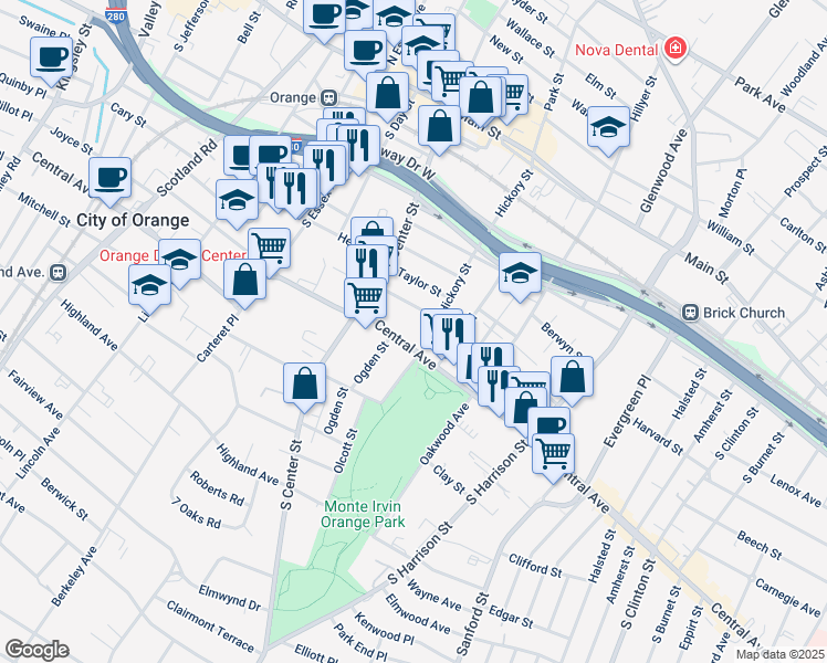 map of restaurants, bars, coffee shops, grocery stores, and more near 191 Central Avenue in City of Orange