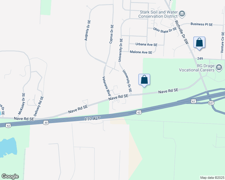 map of restaurants, bars, coffee shops, grocery stores, and more near 2910 Veterans Boulevard in Massillon