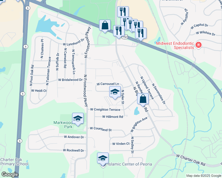 map of restaurants, bars, coffee shops, grocery stores, and more near 4116 West Carrousel Lane in Peoria
