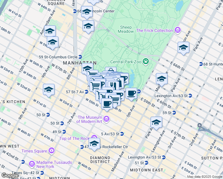 map of restaurants, bars, coffee shops, grocery stores, and more near 107 West 58th Street in New York