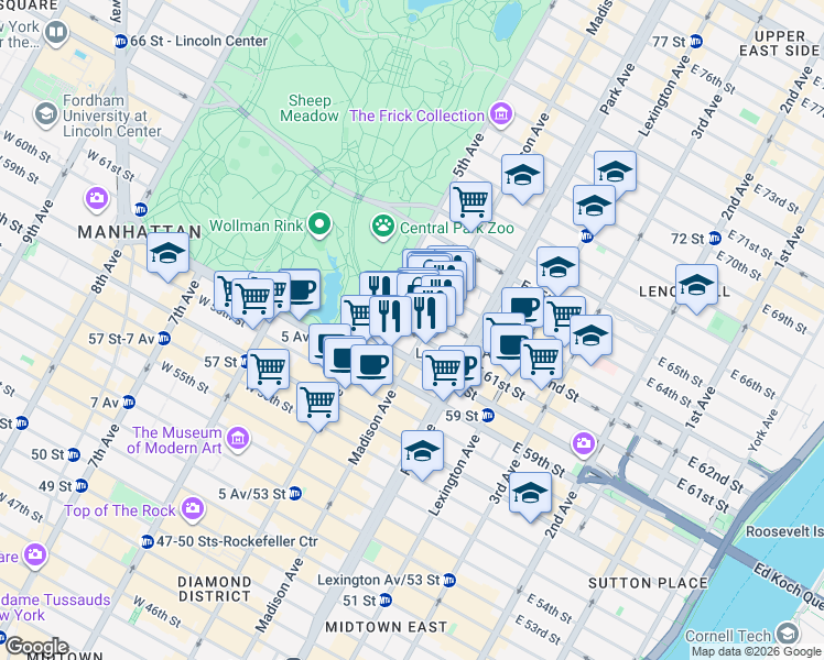 map of restaurants, bars, coffee shops, grocery stores, and more near 10 East 62nd Street in New York
