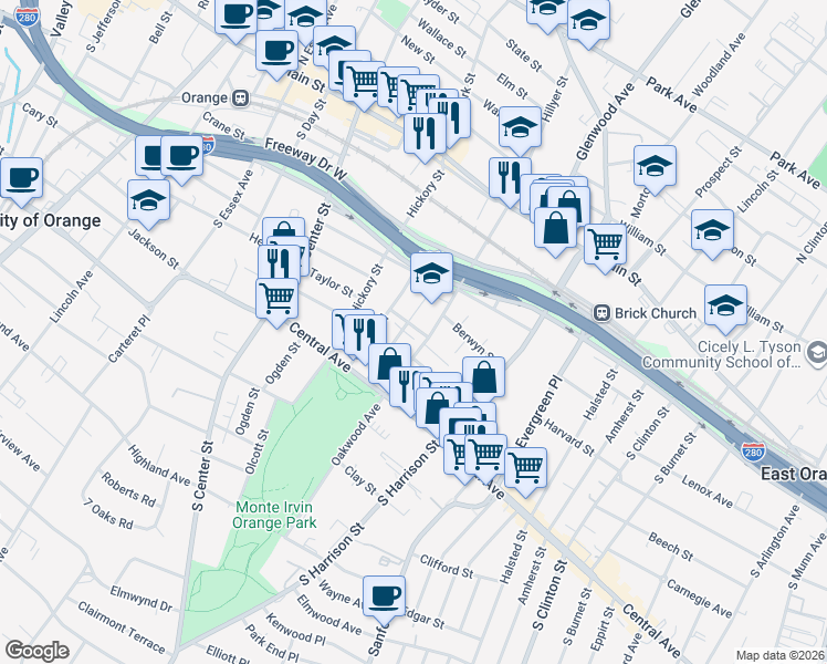 map of restaurants, bars, coffee shops, grocery stores, and more near 141 Oakwood Avenue in City of Orange