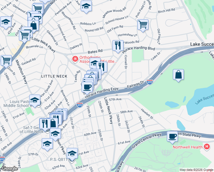 map of restaurants, bars, coffee shops, grocery stores, and more near 55-19 260th Street in Queens