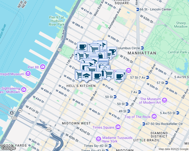 map of restaurants, bars, coffee shops, grocery stores, and more near 427 West 52nd Street in New York