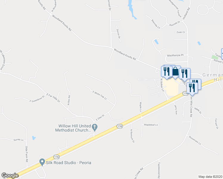 map of restaurants, bars, coffee shops, grocery stores, and more near 1028 East Eller Drive in East Peoria