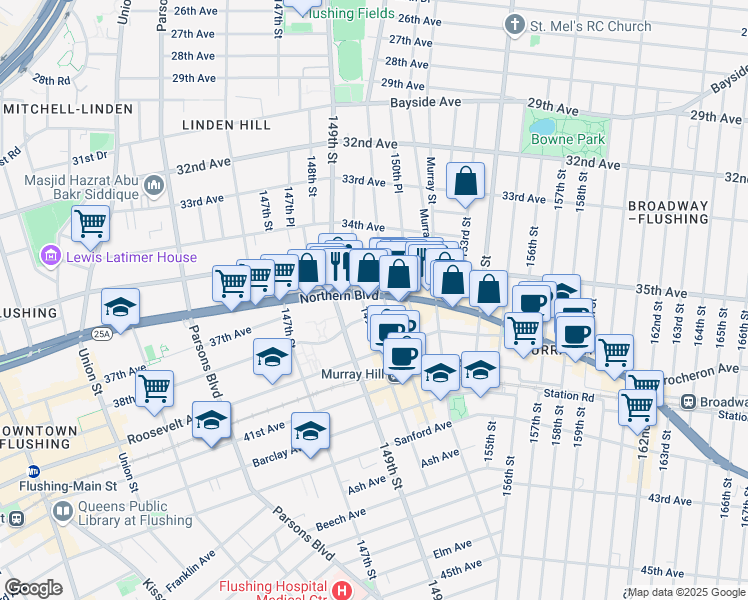 map of restaurants, bars, coffee shops, grocery stores, and more near 150-03 Northern Boulevard in Queens