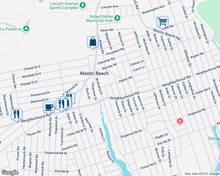 map of restaurants, bars, coffee shops, grocery stores, and more near 126 Hemlock Drive in Mastic Beach