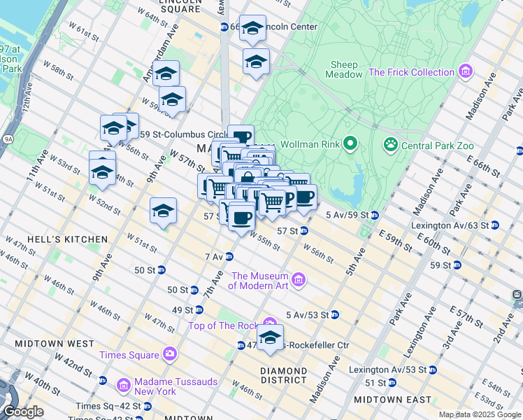 map of restaurants, bars, coffee shops, grocery stores, and more near 881 7th Avenue in New York