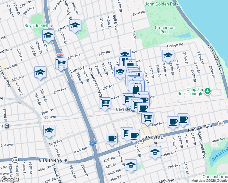map of restaurants, bars, coffee shops, grocery stores, and more near 38-09 211th Street in Queens