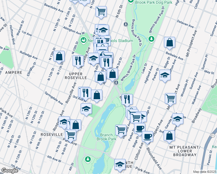 map of restaurants, bars, coffee shops, grocery stores, and more near 249 2nd Avenue West in Newark