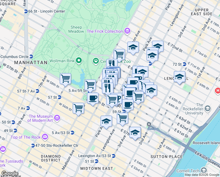 map of restaurants, bars, coffee shops, grocery stores, and more near 27 East 62nd Street in New York