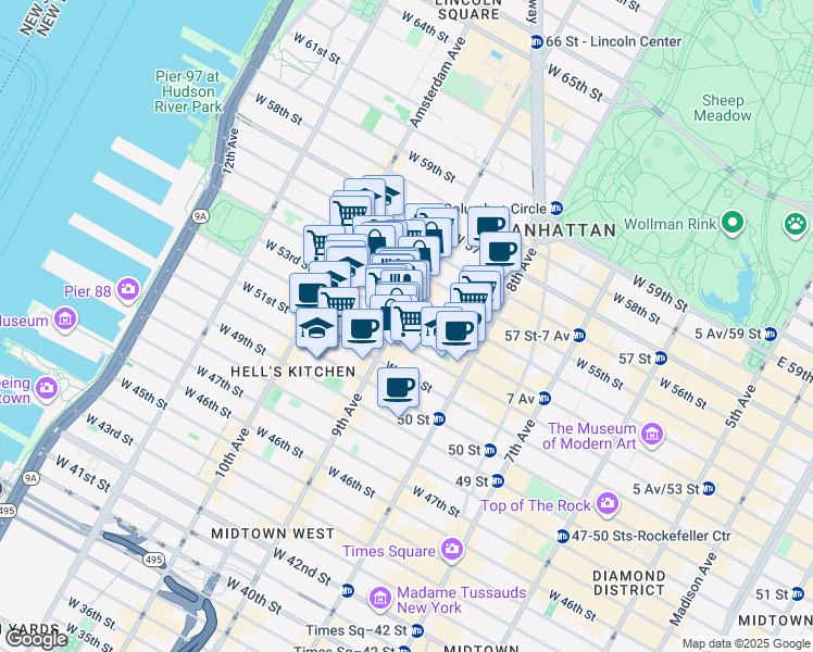 map of restaurants, bars, coffee shops, grocery stores, and more near in New York