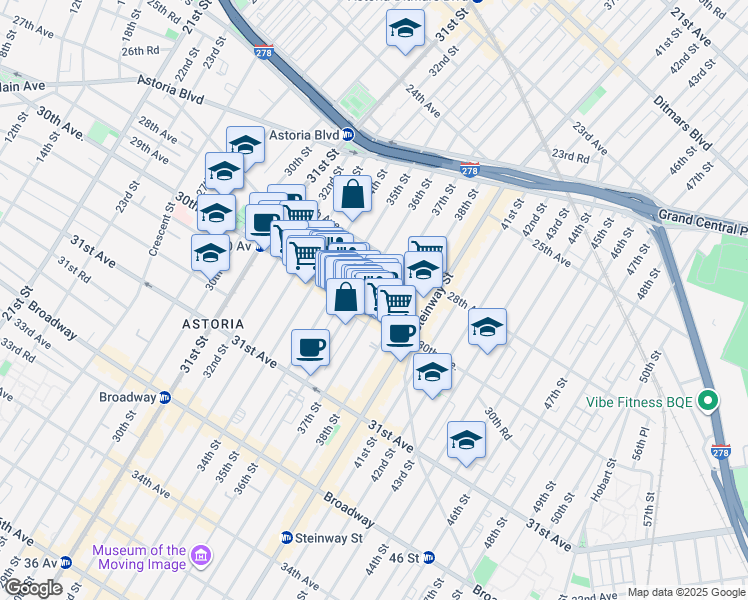 map of restaurants, bars, coffee shops, grocery stores, and more near 28-51 36th Street in Queens