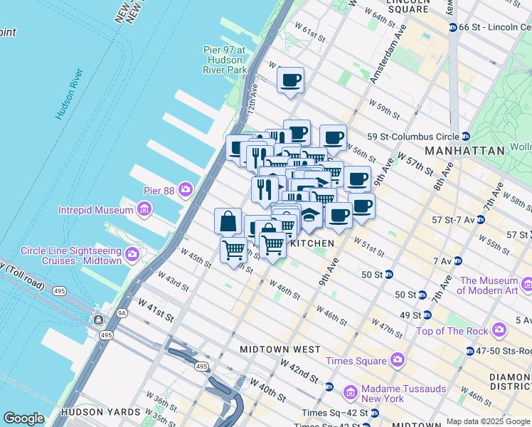 map of restaurants, bars, coffee shops, grocery stores, and more near 533 West 50th Street in New York