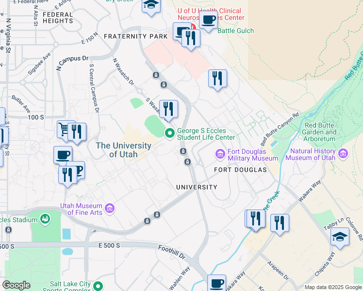 map of restaurants, bars, coffee shops, grocery stores, and more near 2002 George S. Eccles 2002 Legacy Bridge in Salt Lake City