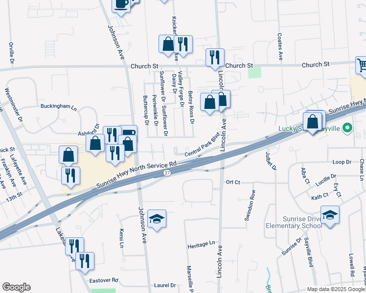 map of restaurants, bars, coffee shops, grocery stores, and more near 66 Ticonderoga Drive in Bohemia