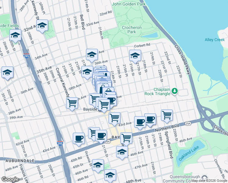 map of restaurants, bars, coffee shops, grocery stores, and more near 39-2 214th Place in Queens