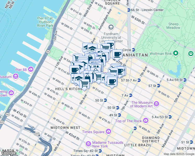 map of restaurants, bars, coffee shops, grocery stores, and more near 798 9th Avenue in New York