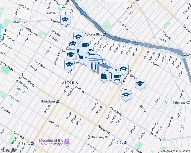 map of restaurants, bars, coffee shops, grocery stores, and more near 30-17 34th Street in Queens