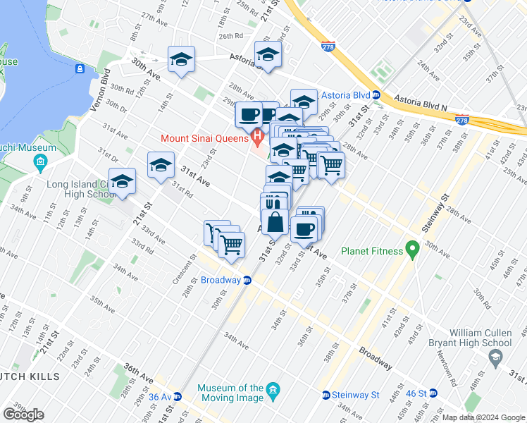 map of restaurants, bars, coffee shops, grocery stores, and more near 29-07 31st Avenue in Queens