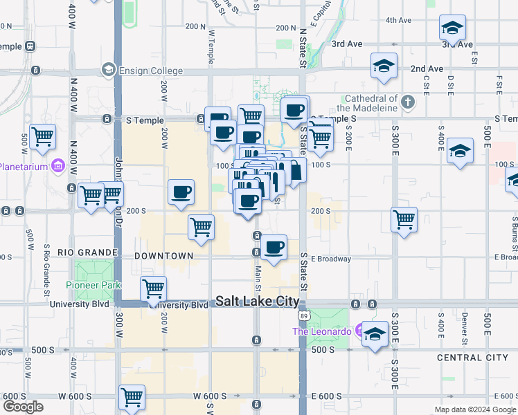 map of restaurants, bars, coffee shops, grocery stores, and more near 5 East 200 South in Salt Lake City