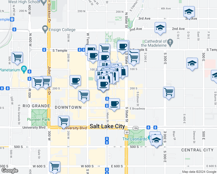 map of restaurants, bars, coffee shops, grocery stores, and more near 9 East 200 South in Salt Lake City