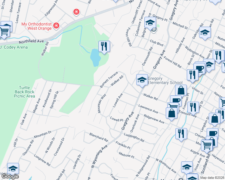map of restaurants, bars, coffee shops, grocery stores, and more near 2 Mountain Way in West Orange