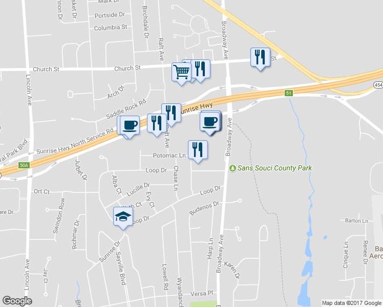 map of restaurants, bars, coffee shops, grocery stores, and more near 47 Potomac Lane in Sayville