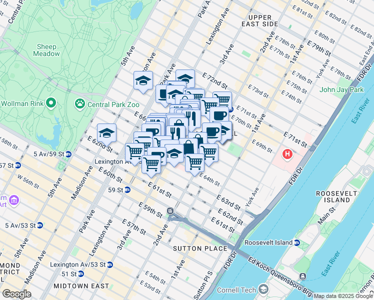 map of restaurants, bars, coffee shops, grocery stores, and more near 221 East 65th Street in New York