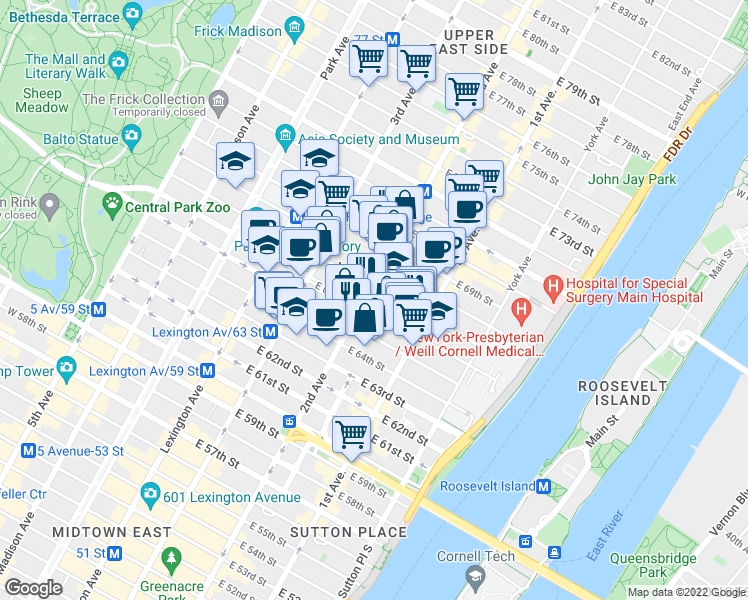 map of restaurants, bars, coffee shops, grocery stores, and more near in New York