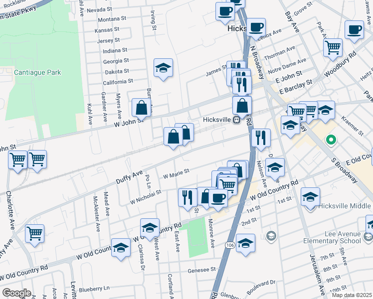 map of restaurants, bars, coffee shops, grocery stores, and more near 148 Duffy Avenue in Hicksville