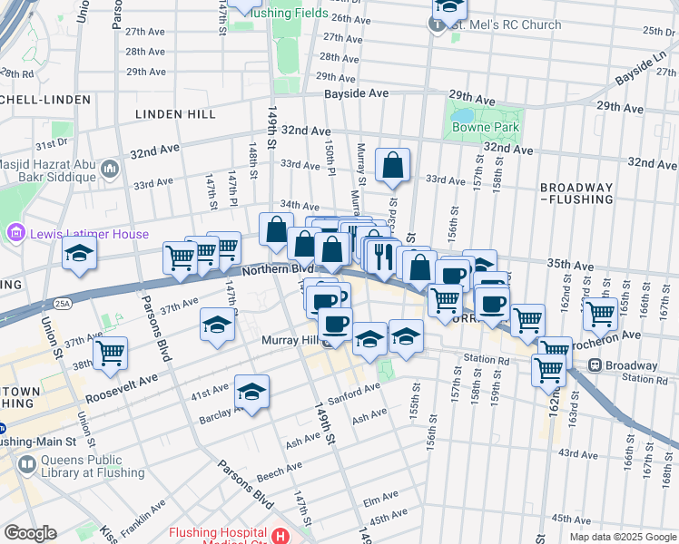 map of restaurants, bars, coffee shops, grocery stores, and more near Northern Blvd & 150th Pl in Queens