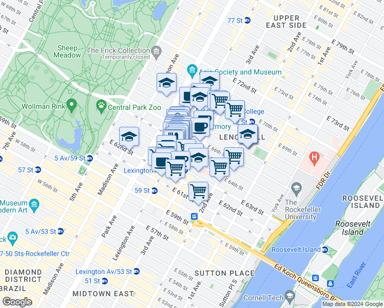 map of restaurants, bars, coffee shops, grocery stores, and more near 140 East 65th Street in New York