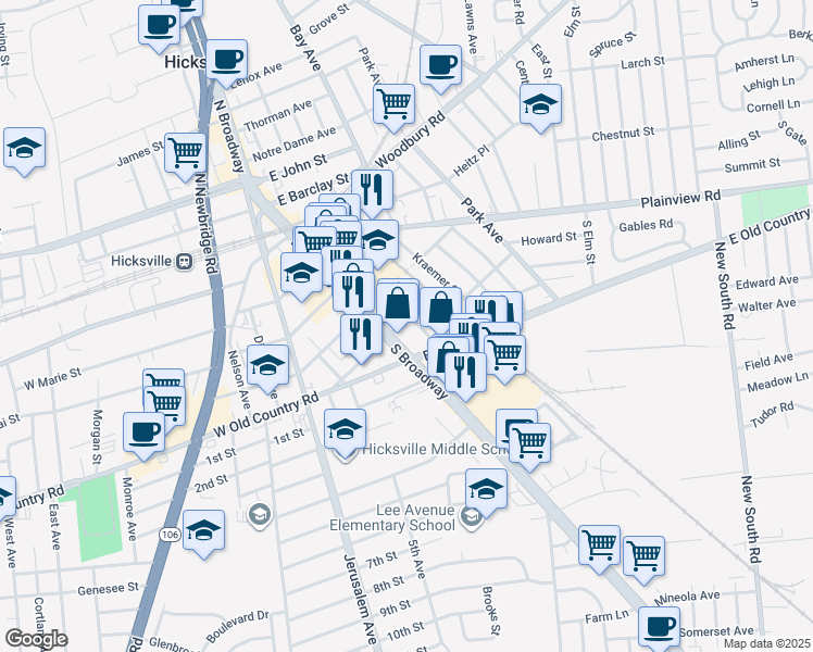 map of restaurants, bars, coffee shops, grocery stores, and more near 25 East Carl Street in Hicksville