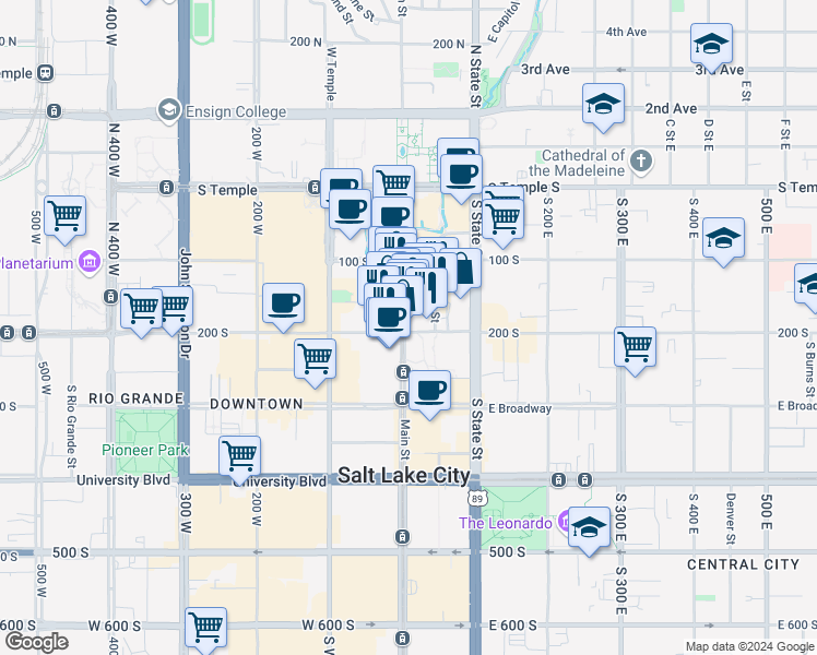 map of restaurants, bars, coffee shops, grocery stores, and more near 11 East 200 South in Salt Lake City