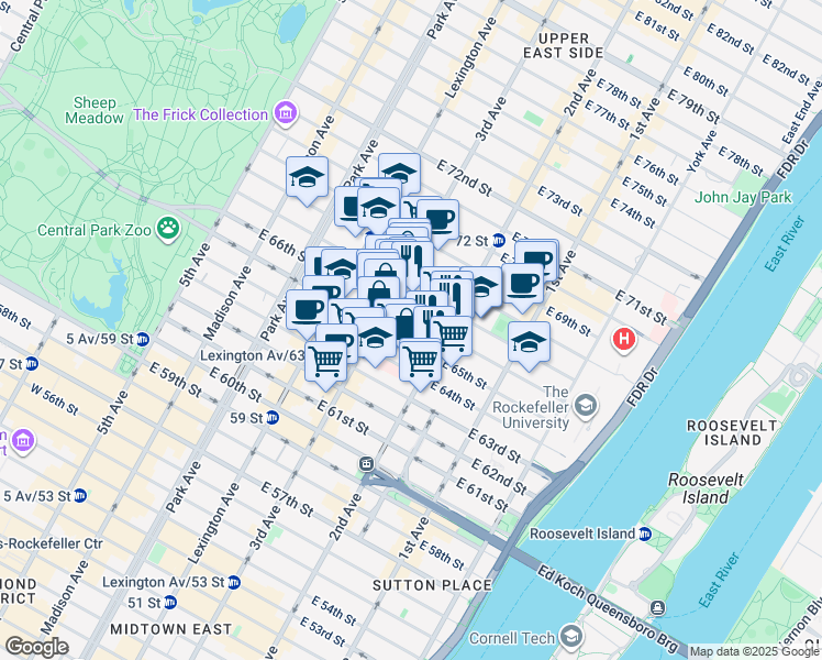 map of restaurants, bars, coffee shops, grocery stores, and more near 221 East 66th Street in New York