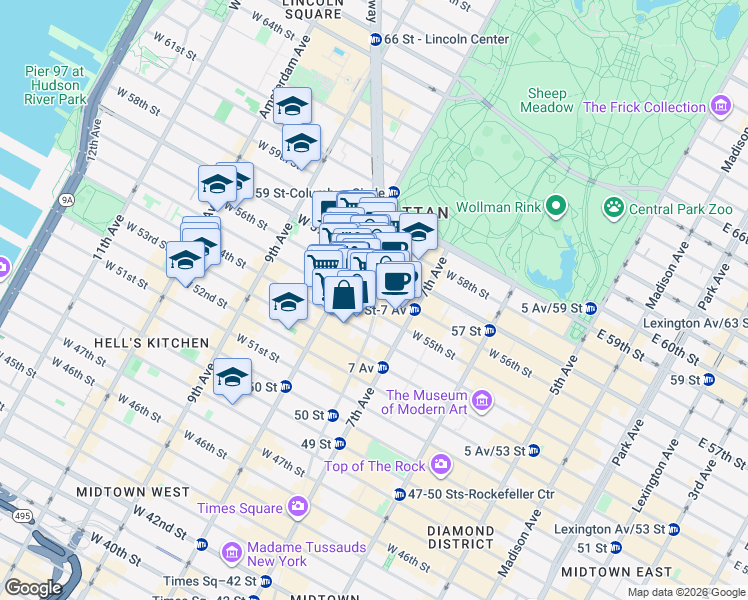 map of restaurants, bars, coffee shops, grocery stores, and more near 1745 Broadway in New York