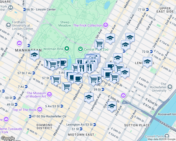 map of restaurants, bars, coffee shops, grocery stores, and more near 10 East 62nd Street in New York