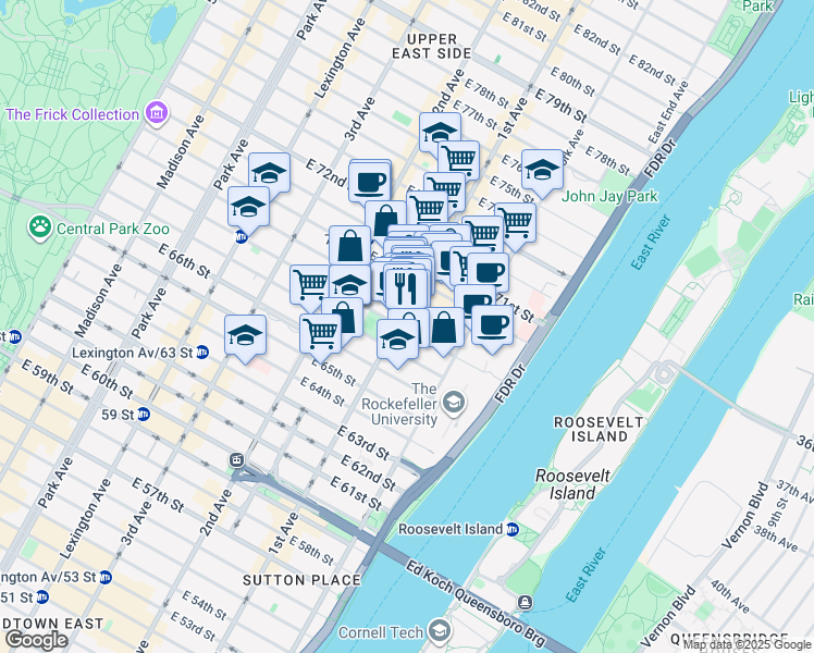 map of restaurants, bars, coffee shops, grocery stores, and more near 1274 1st Avenue in New York
