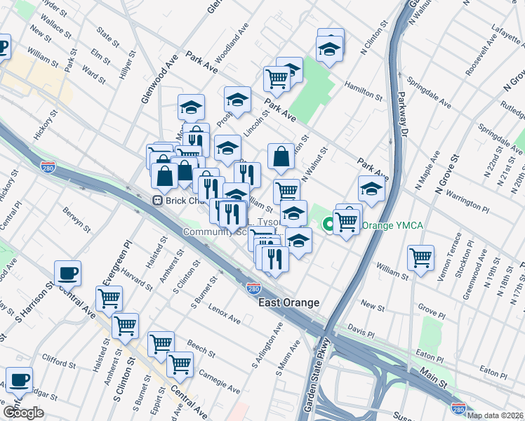 map of restaurants, bars, coffee shops, grocery stores, and more near 426 William Street in East Orange
