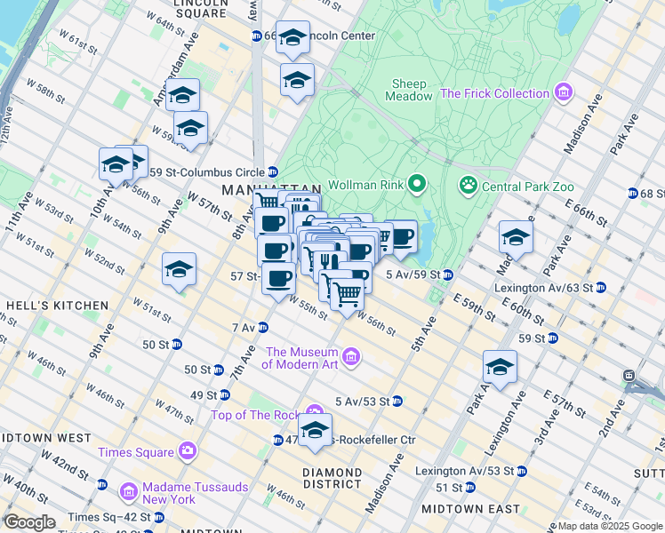 map of restaurants, bars, coffee shops, grocery stores, and more near 137 West 57th Street in New York