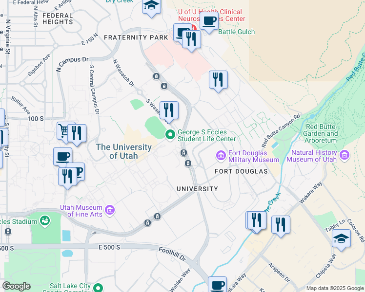 map of restaurants, bars, coffee shops, grocery stores, and more near 2002 George S. Eccles 2002 Legacy Bridge in Salt Lake City