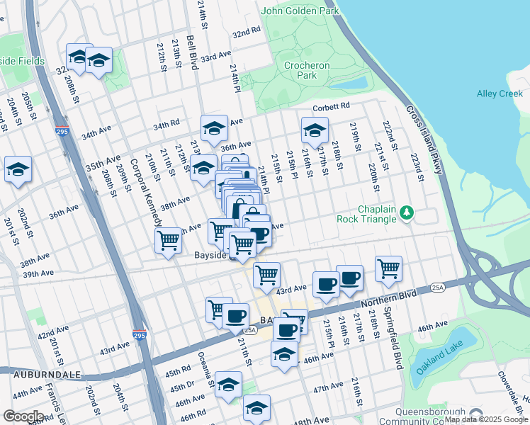 map of restaurants, bars, coffee shops, grocery stores, and more near 39-2 214th Place in Queens