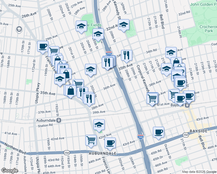 map of restaurants, bars, coffee shops, grocery stores, and more near 35-41 205th Street in Queens