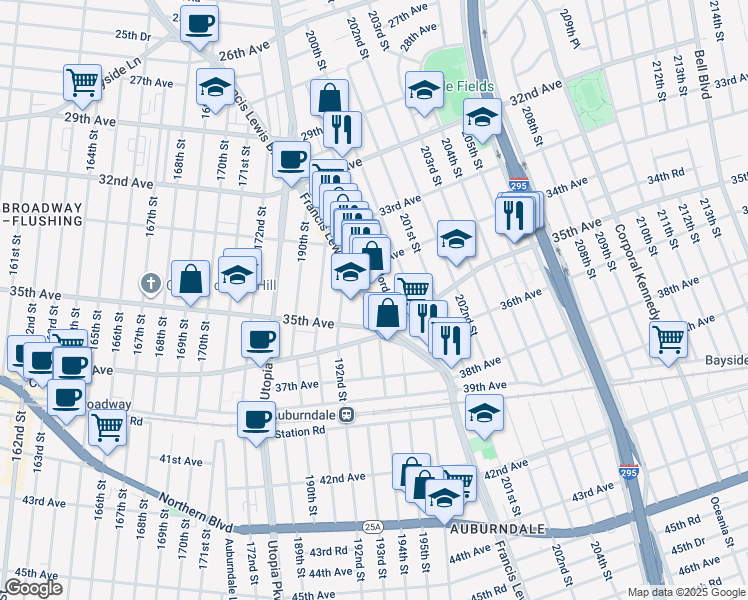 map of restaurants, bars, coffee shops, grocery stores, and more near 34-31 Jordan Street in Queens