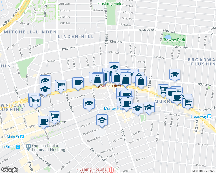map of restaurants, bars, coffee shops, grocery stores, and more near 35-35 149th Place in Queens