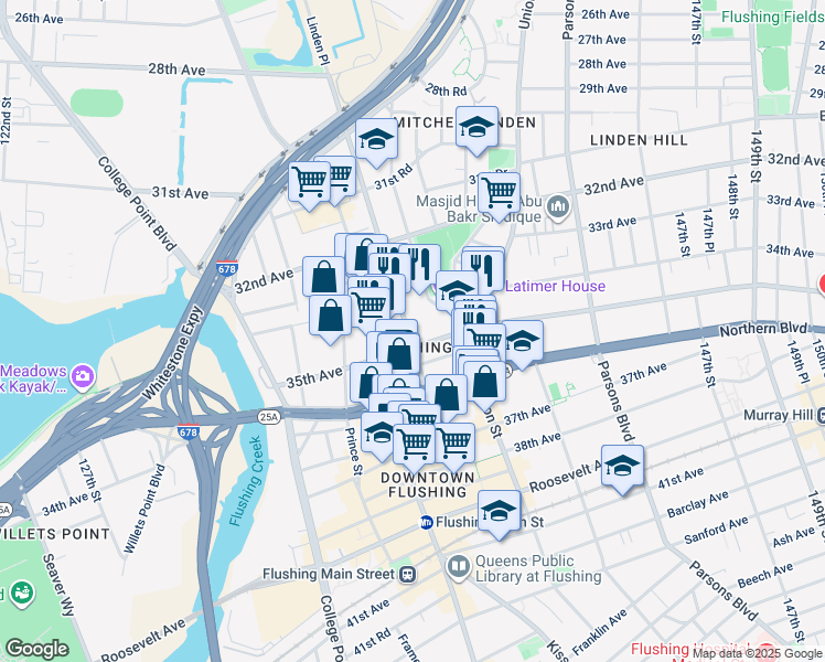 map of restaurants, bars, coffee shops, grocery stores, and more near 136-45 35th Avenue in Queens
